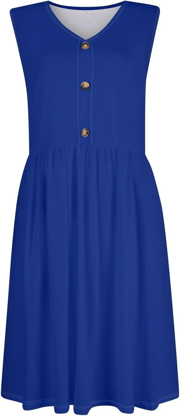 Sundresses for Women 2025 Casual Sleeveless Button V Neck Midi Dress Pleated Tank Dress with Pocket Summer Beach Outfits