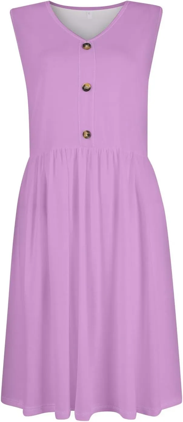 Sundresses for Women 2025 Casual Sleeveless Button V Neck Midi Dress Pleated Tank Dress with Pocket Summer Beach Outfits