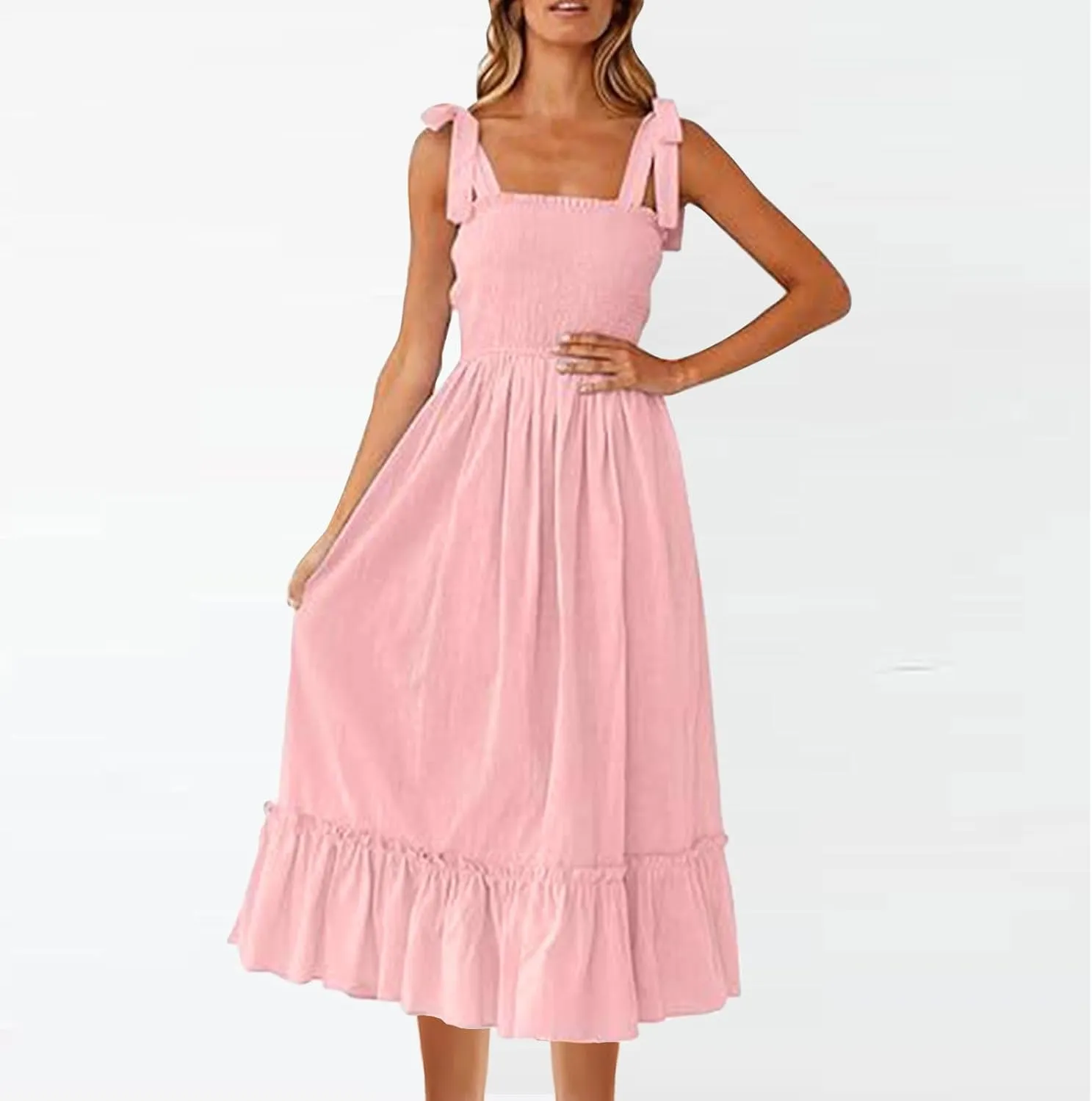 Sundresses for Women Fashion Strap Square Neck Sleeveless Summer Dresses Casual Beach Vacation Long Maxi A Line Dress