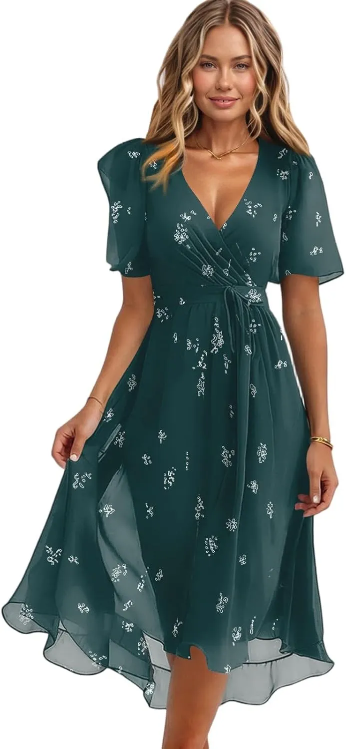 Sundresses for Women,Cocktail Prom Summer Sexy Dress Chiffon Womens Spring Dresses Wrap Flowy Wedding Guest