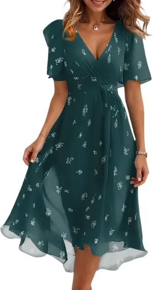 Sundresses for Women,Cocktail Prom Summer Sexy Dress Chiffon Womens Spring Dresses Wrap Flowy Wedding Guest