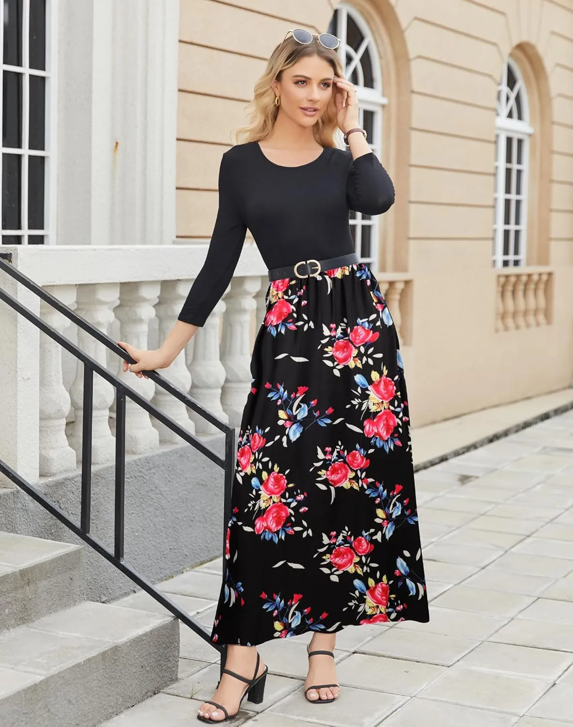 Supnier Women's 3/4 Sleeve Maxi Dresses Casual Floral Print Long Dress with Pockets