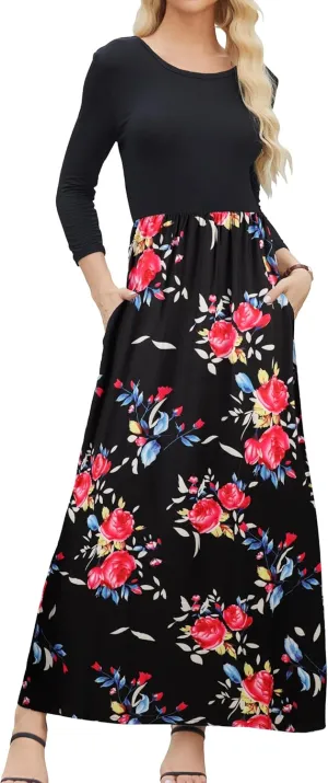 Supnier Women's 3/4 Sleeve Maxi Dresses Casual Floral Print Long Dress with Pockets