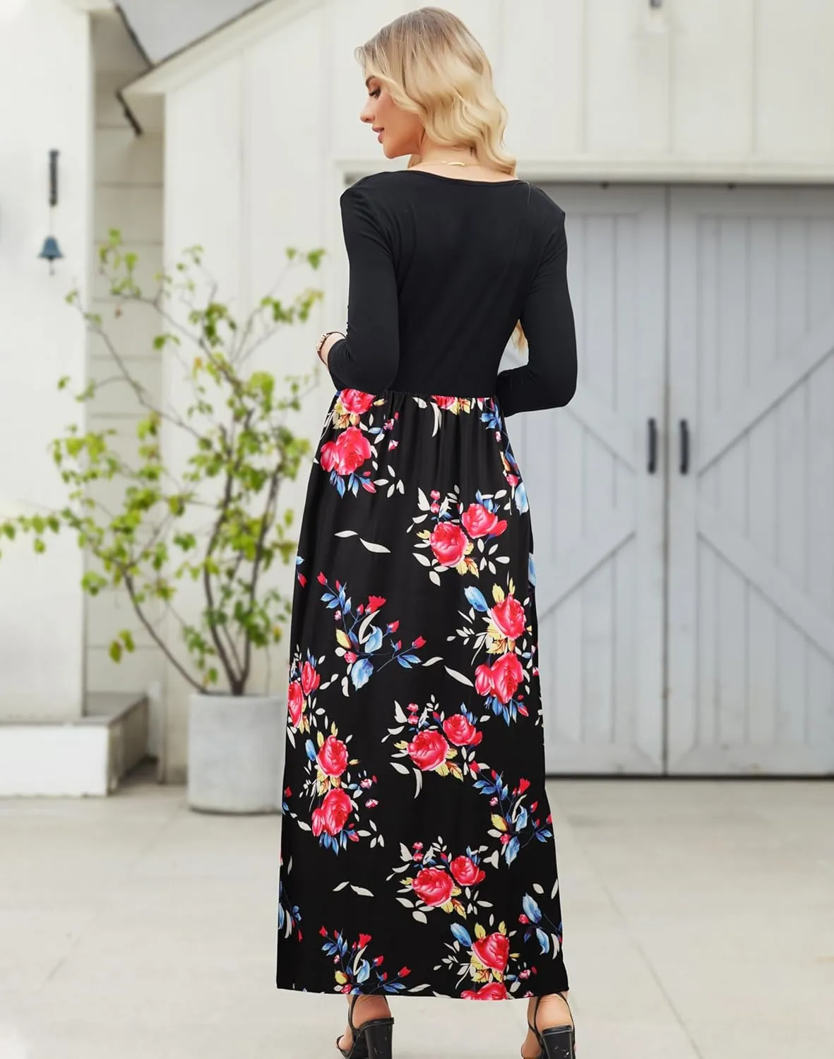 Supnier Women's 3/4 Sleeve Maxi Dresses Casual Floral Print Long Dress with Pockets