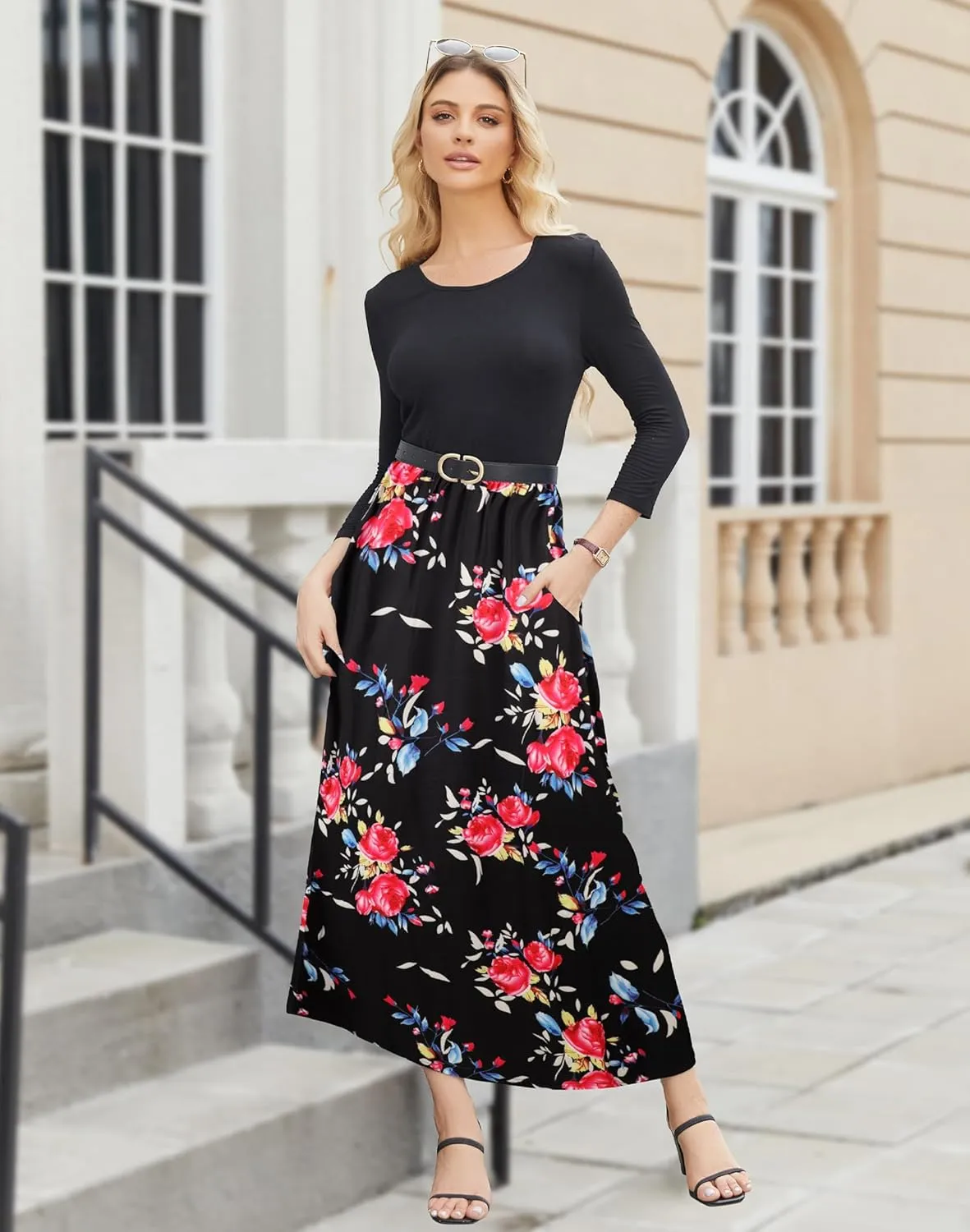 Supnier Women's 3/4 Sleeve Maxi Dresses Casual Floral Print Long Dress with Pockets