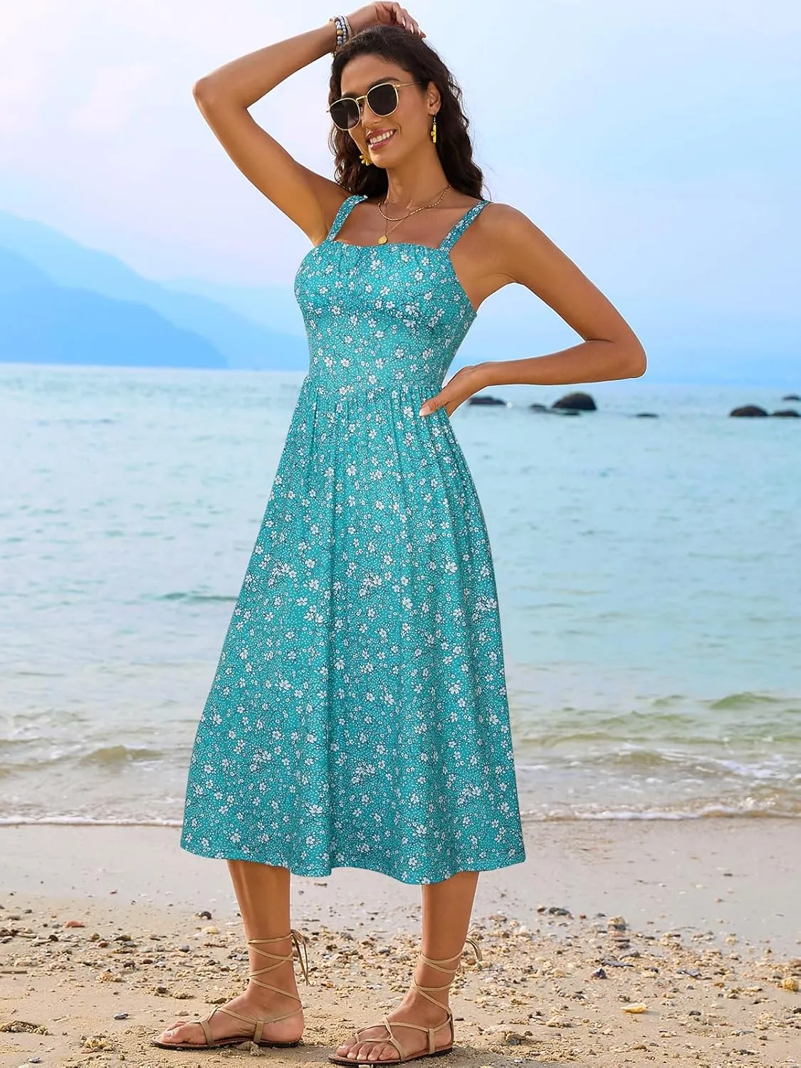 Sureple Long Dresses for Women 2025 Sleeveless Ruched Bust Swing Aline Fitted Spaghetti Strap Sundress with Pockets