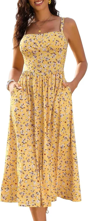 Sureple Long Dresses for Women 2025 Sleeveless Ruched Bust Swing Aline Fitted Spaghetti Strap Sundress with Pockets