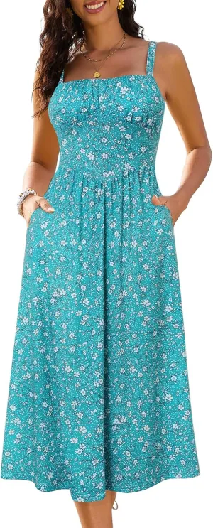 Sureple Long Dresses for Women 2025 Sleeveless Ruched Bust Swing Aline Fitted Spaghetti Strap Sundress with Pockets