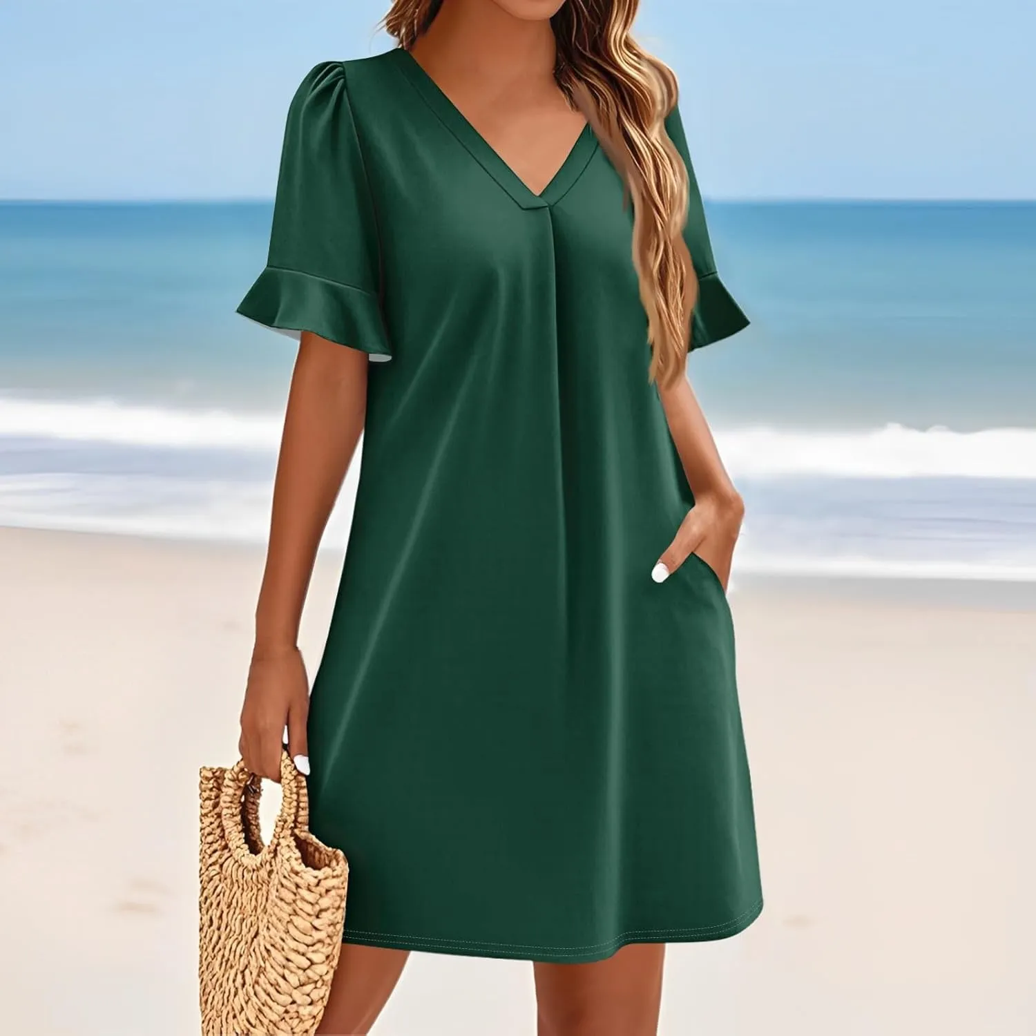 T Shirt Dresses for Women 2025 Mini Summer V Neck Ruffle Short Sleeve Dress Loose Fit Shift Tshirt Dress with Pockets