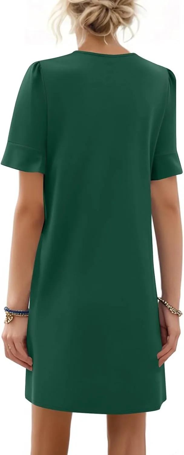 T Shirt Dresses for Women 2025 Mini Summer V Neck Ruffle Short Sleeve Dress Loose Fit Shift Tshirt Dress with Pockets