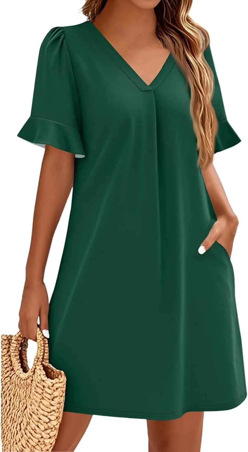 T Shirt Dresses for Women 2025 Mini Summer V Neck Ruffle Short Sleeve Dress Loose Fit Shift Tshirt Dress with Pockets