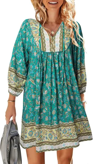 TEMOFON Women's Boho Mini Dress: Summer Floral 3/4 Long Sleeve V Neck Flowy Loose Casual Beach Dresses
