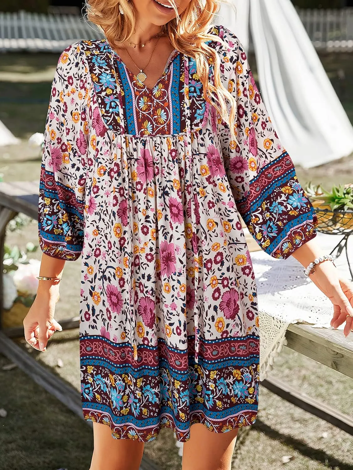 TEMOFON Women's Boho Mini Dress: Summer Floral 3/4 Long Sleeve V Neck Flowy Loose Casual Beach Dresses