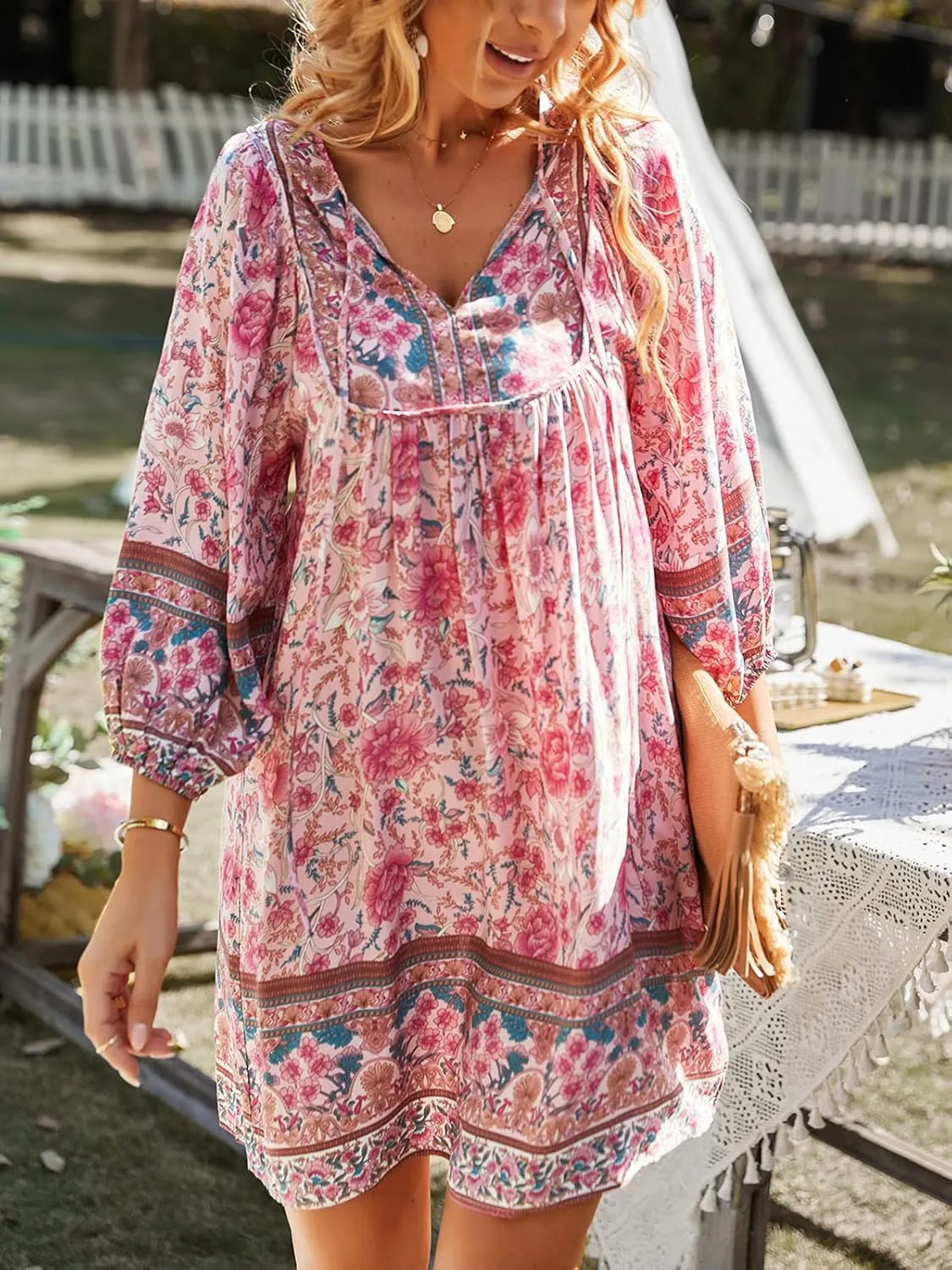 TEMOFON Women's Boho Mini Dress: Summer Floral 3/4 Long Sleeve V Neck Flowy Loose Casual Beach Dresses