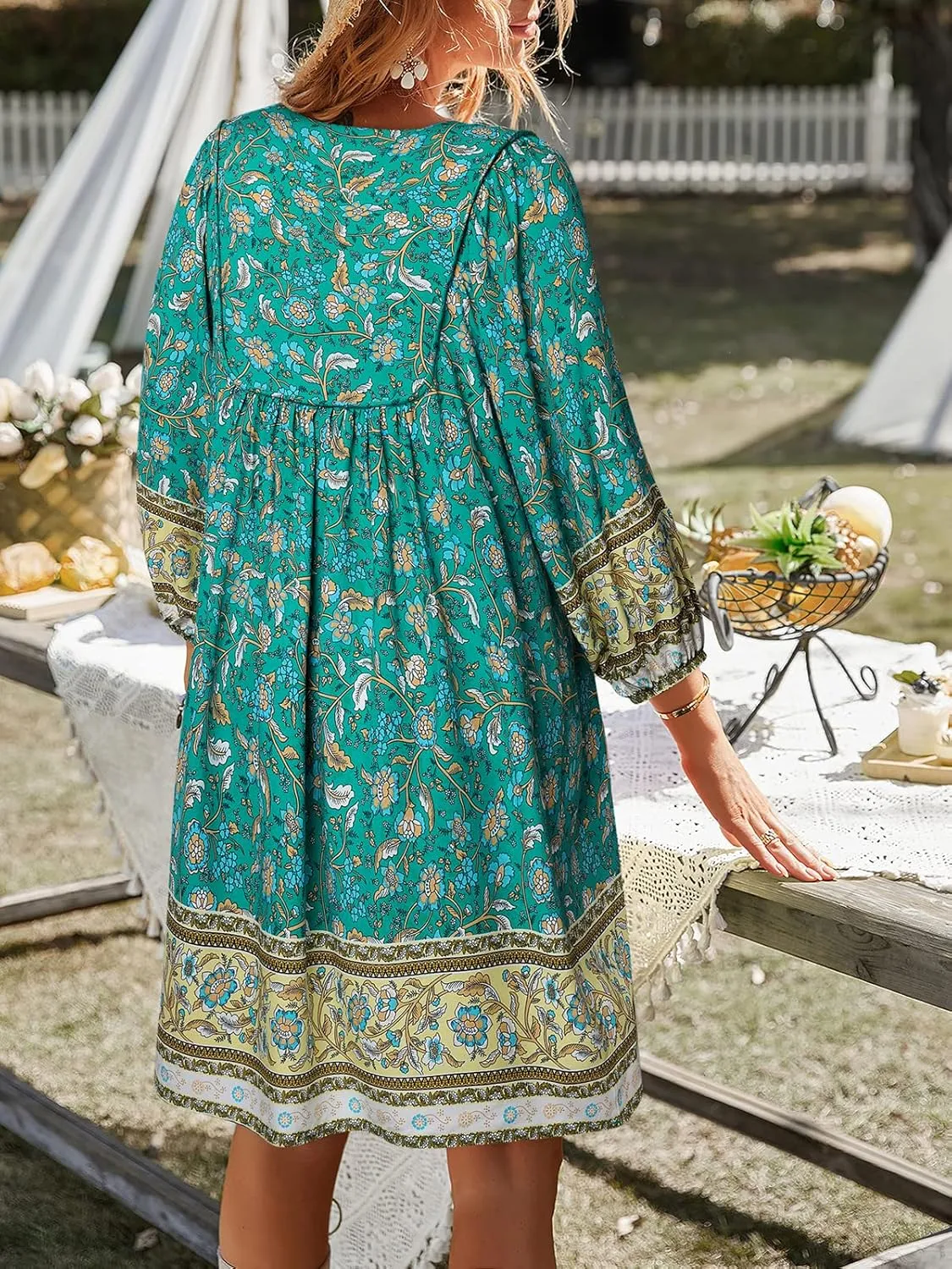 TEMOFON Women's Boho Mini Dress: Summer Floral 3/4 Long Sleeve V Neck Flowy Loose Casual Beach Dresses