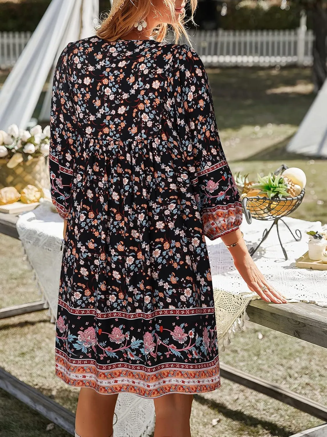 TEMOFON Women's Boho Mini Dress: Summer Floral 3/4 Long Sleeve V Neck Flowy Loose Casual Beach Dresses