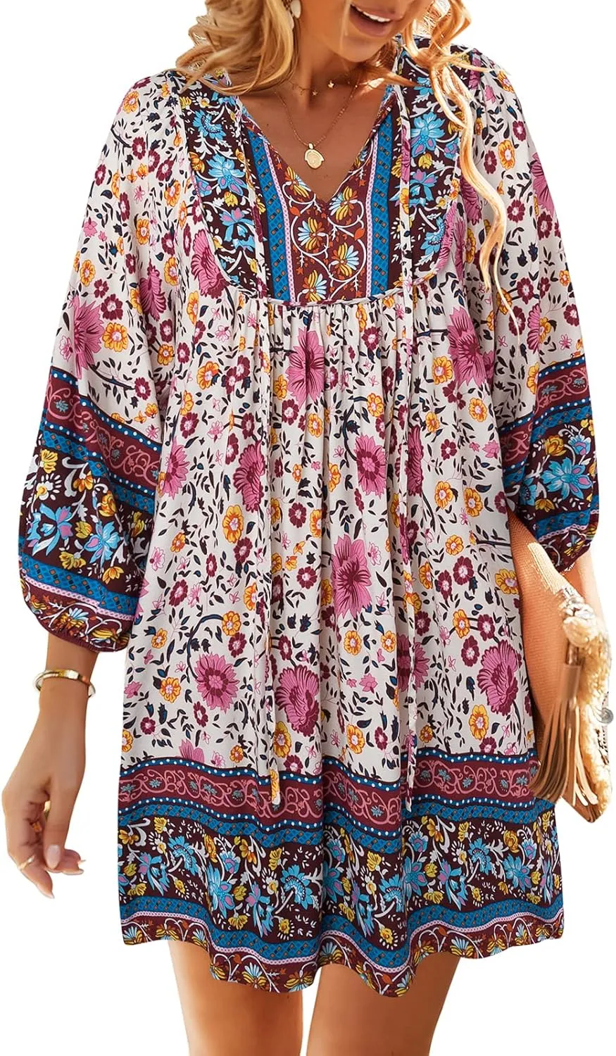 TEMOFON Women's Boho Mini Dress: Summer Floral 3/4 Long Sleeve V Neck Flowy Loose Casual Beach Dresses