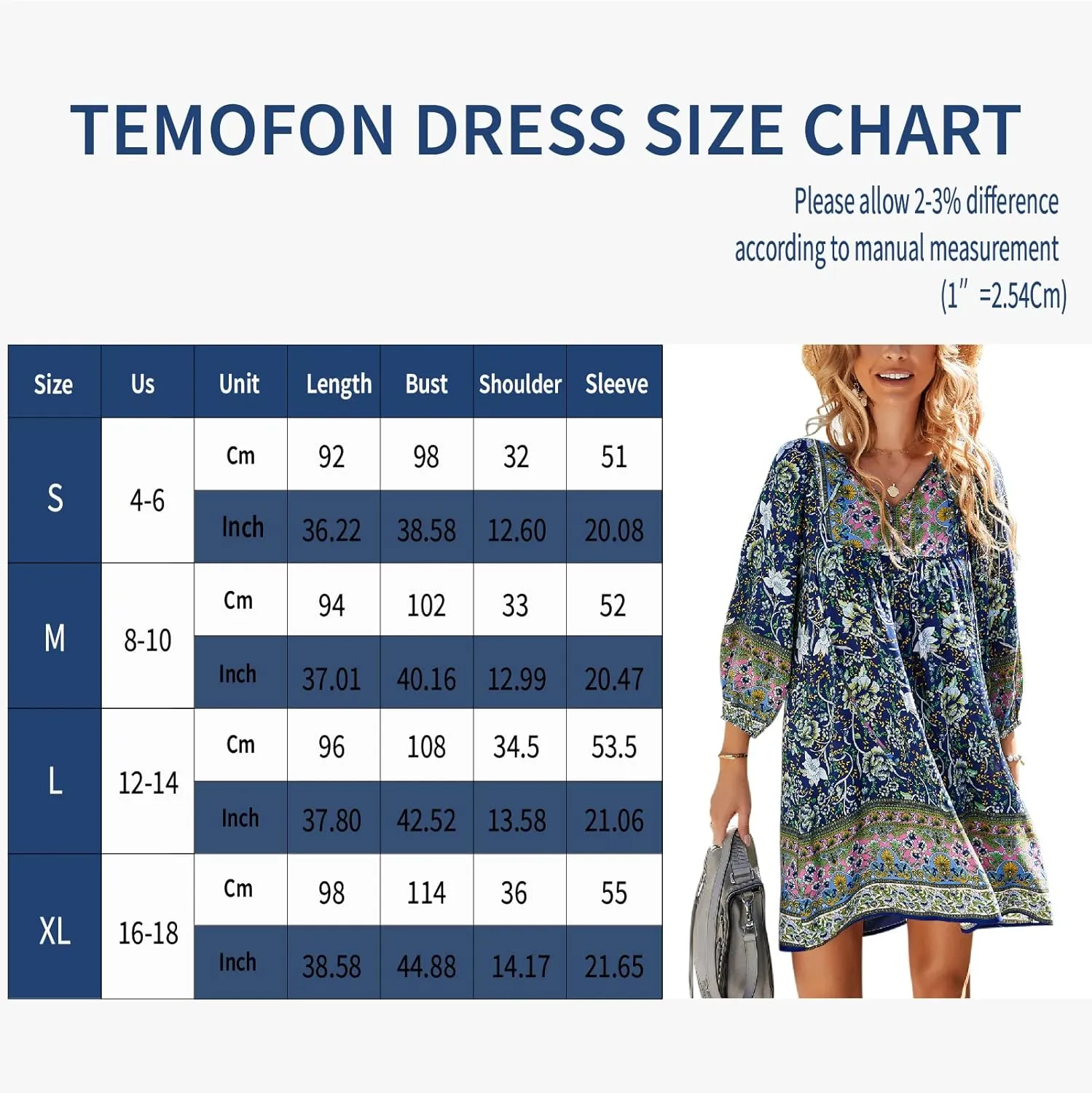 TEMOFON Women's Boho Mini Dress: Summer Floral 3/4 Long Sleeve V Neck Flowy Loose Casual Beach Dresses
