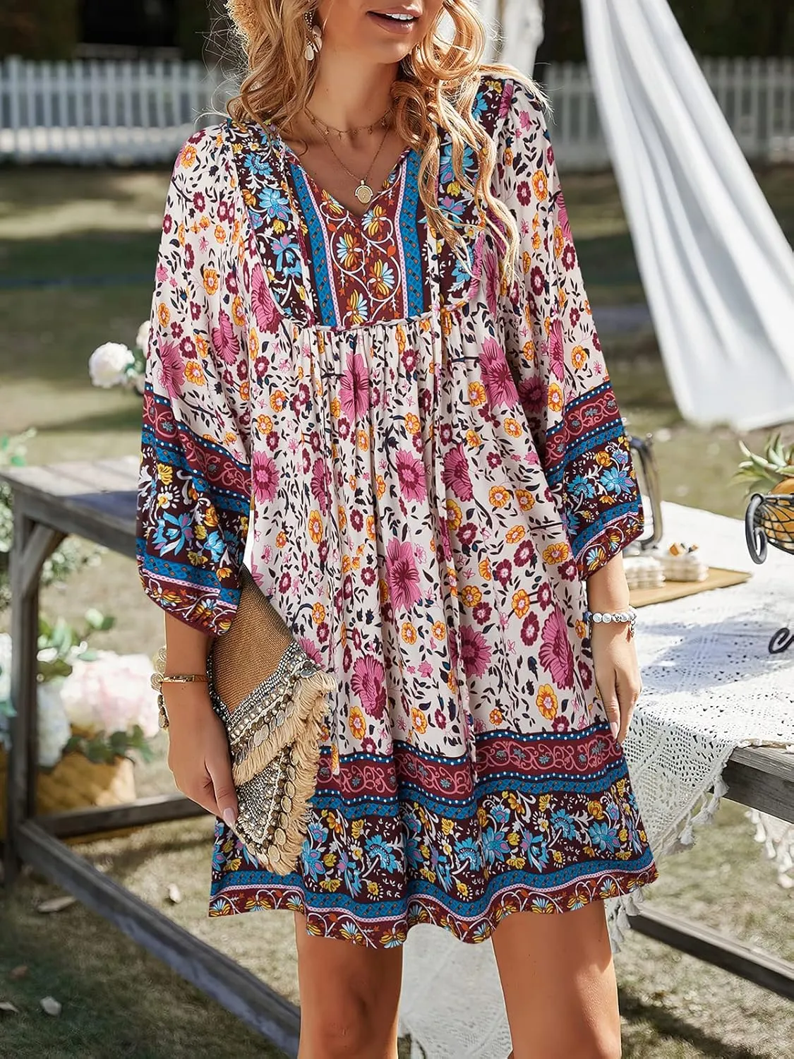 TEMOFON Women's Boho Mini Dress: Summer Floral 3/4 Long Sleeve V Neck Flowy Loose Casual Beach Dresses