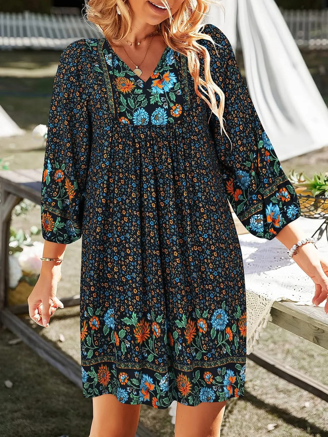 TEMOFON Women's Boho Mini Dress: Summer Floral 3/4 Long Sleeve V Neck Flowy Loose Casual Beach Dresses