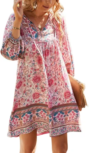 TEMOFON Women's Boho Mini Dress: Summer Floral 3/4 Long Sleeve V Neck Flowy Loose Casual Beach Dresses