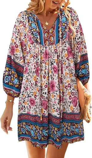 TEMOFON Women's Boho Mini Dress: Summer Floral 3/4 Long Sleeve V Neck Flowy Loose Casual Beach Dresses