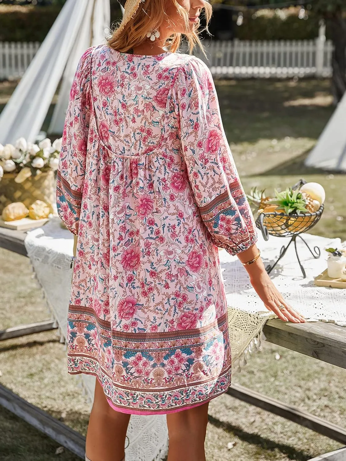 TEMOFON Women's Boho Mini Dress: Summer Floral 3/4 Long Sleeve V Neck Flowy Loose Casual Beach Dresses
