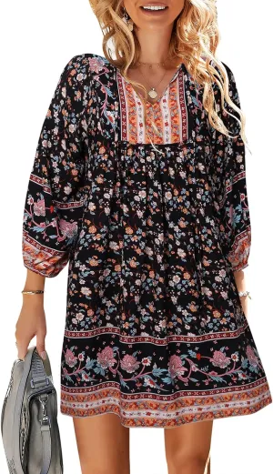 TEMOFON Women's Boho Mini Dress: Summer Floral 3/4 Long Sleeve V Neck Flowy Loose Casual Beach Dresses