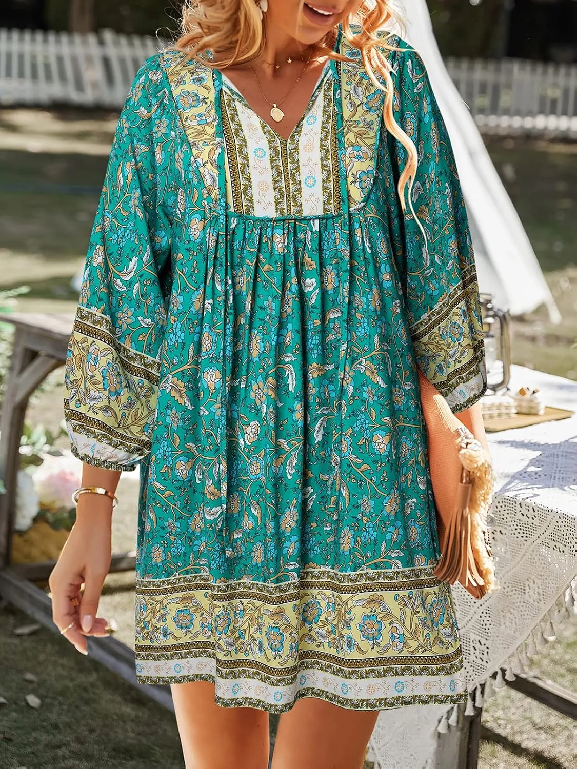 TEMOFON Women's Boho Mini Dress: Summer Floral 3/4 Long Sleeve V Neck Flowy Loose Casual Beach Dresses