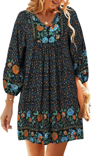 TEMOFON Women's Boho Mini Dress: Summer Floral 3/4 Long Sleeve V Neck Flowy Loose Casual Beach Dresses