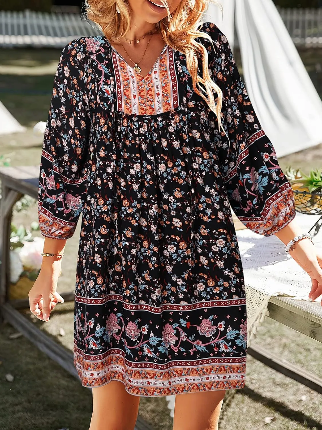 TEMOFON Women's Boho Mini Dress: Summer Floral 3/4 Long Sleeve V Neck Flowy Loose Casual Beach Dresses