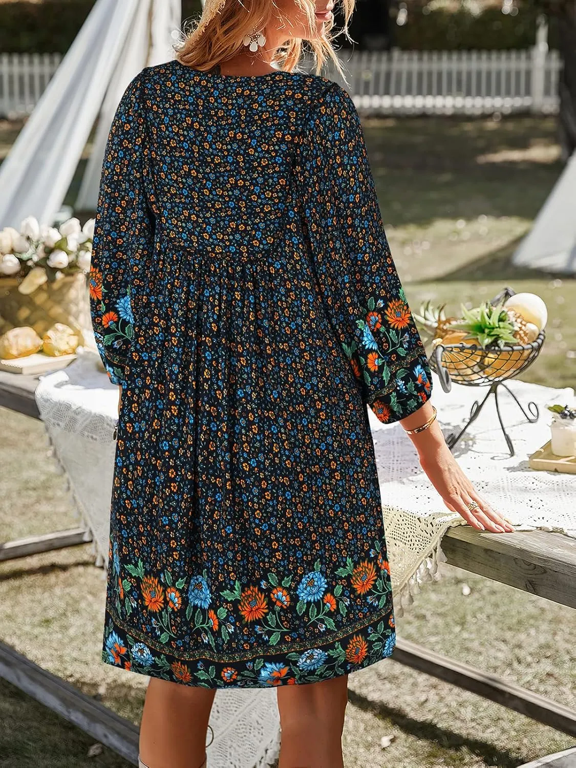 TEMOFON Women's Boho Mini Dress: Summer Floral 3/4 Long Sleeve V Neck Flowy Loose Casual Beach Dresses