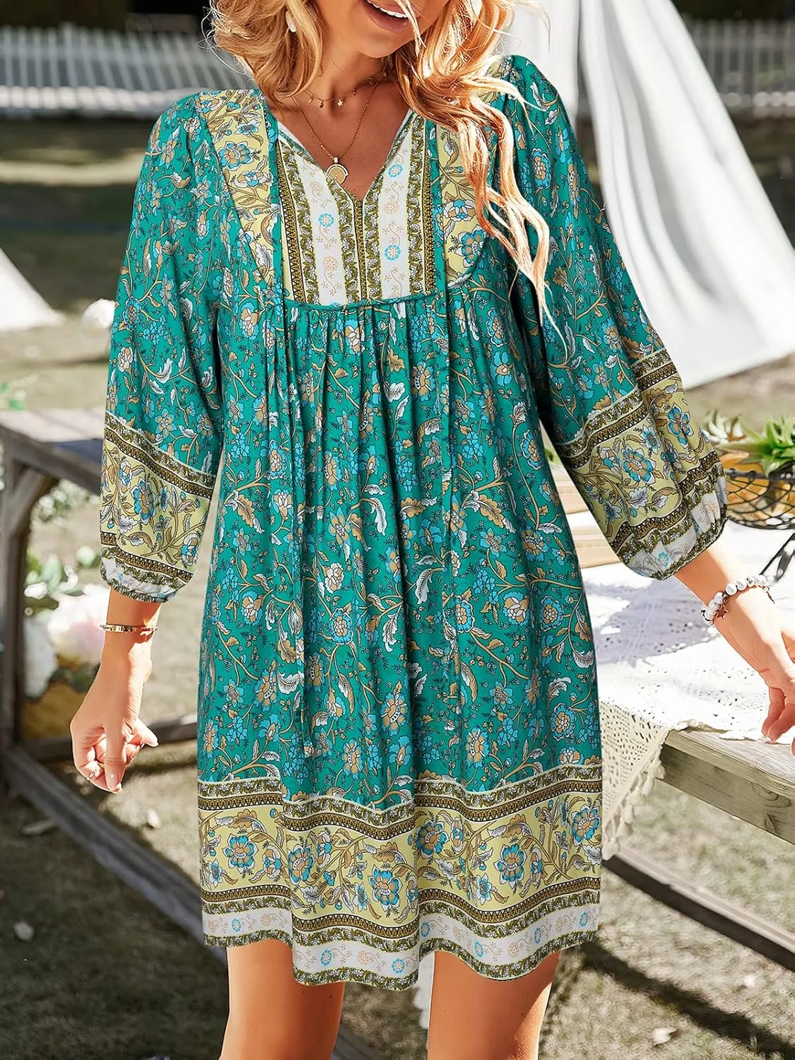 TEMOFON Women's Boho Mini Dress: Summer Floral 3/4 Long Sleeve V Neck Flowy Loose Casual Beach Dresses