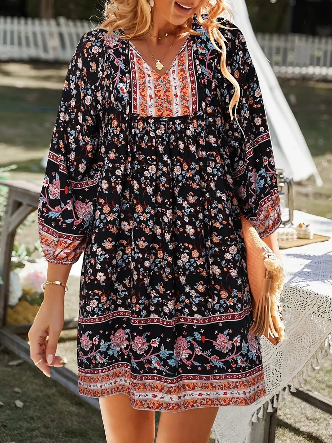 TEMOFON Women's Boho Mini Dress: Summer Floral 3/4 Long Sleeve V Neck Flowy Loose Casual Beach Dresses