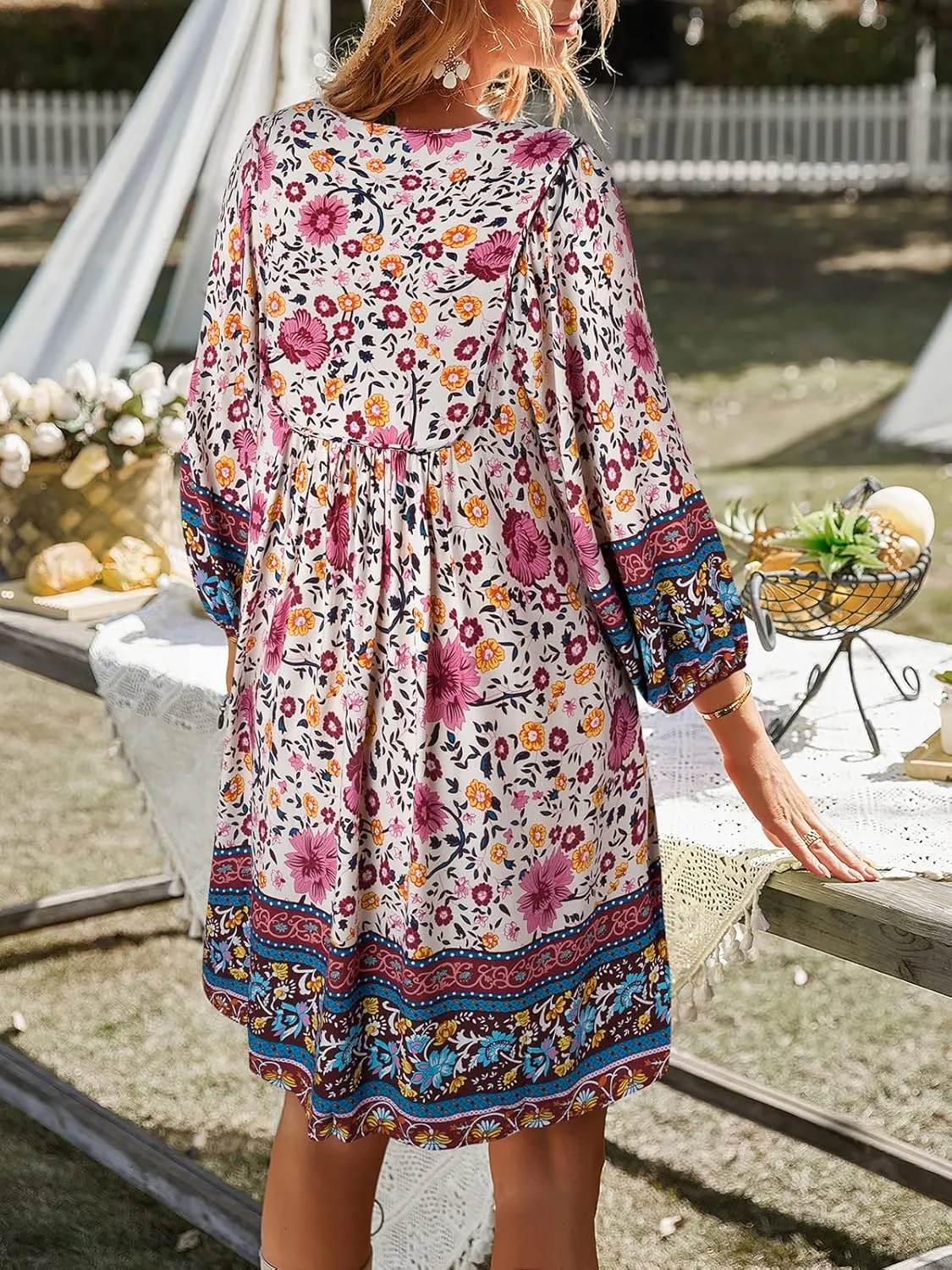 TEMOFON Women's Boho Mini Dress: Summer Floral 3/4 Long Sleeve V Neck Flowy Loose Casual Beach Dresses