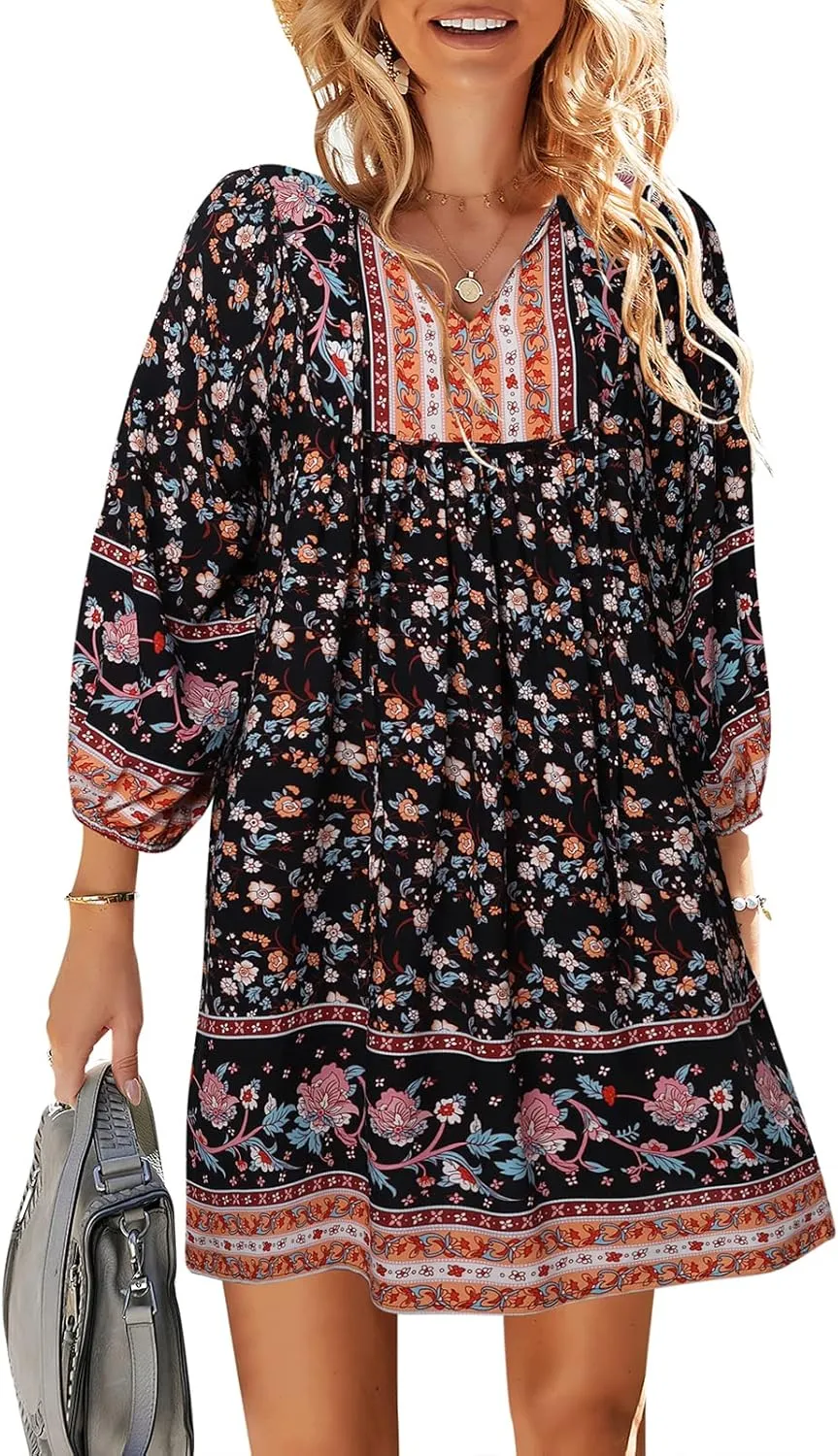TEMOFON Women's Boho Mini Dress: Summer Floral 3/4 Long Sleeve V Neck Flowy Loose Casual Beach Dresses