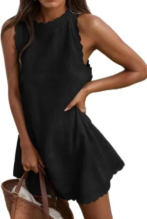 TIAFORD Women's Cotton Linen Sleeveless Scallop Tank Dress Summer Back Zipper Mini Sundress Casual Beach Short Dresses
