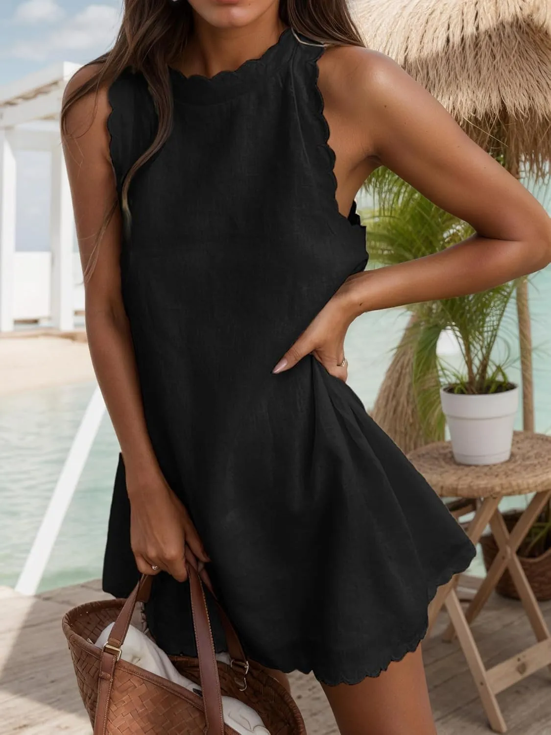 TIAFORD Women's Cotton Linen Sleeveless Scallop Tank Dress Summer Back Zipper Mini Sundress Casual Beach Short Dresses