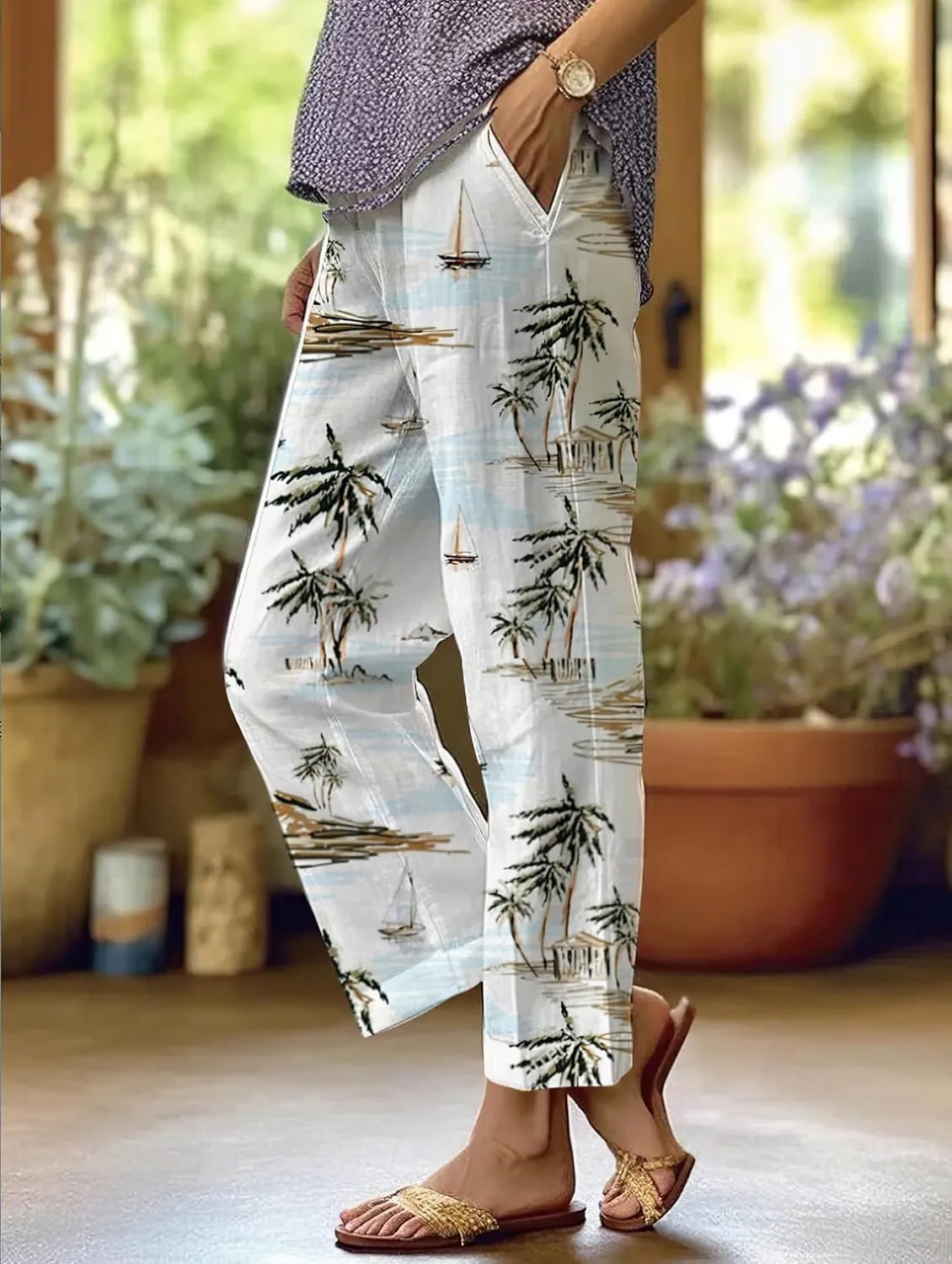 TIAFORD Womens Summer Boho Floral Print Linen Pants Drawstring Elastic Hight Waist Casual Loose Trousers with 4 Pockets