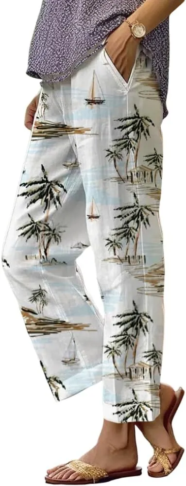TIAFORD Womens Summer Boho Floral Print Linen Pants Drawstring Elastic Hight Waist Casual Loose Trousers with 4 Pockets