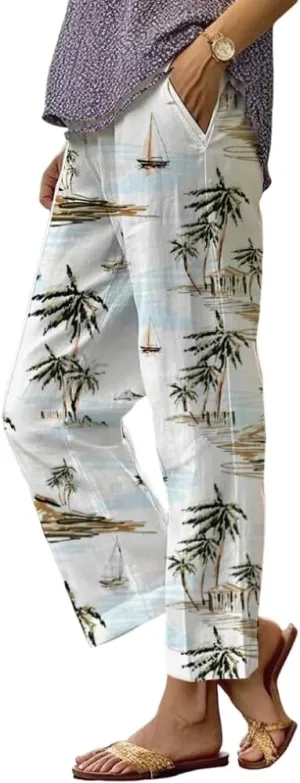 TIAFORD Womens Summer Boho Floral Print Linen Pants Drawstring Elastic Hight Waist Casual Loose Trousers with 4 Pockets