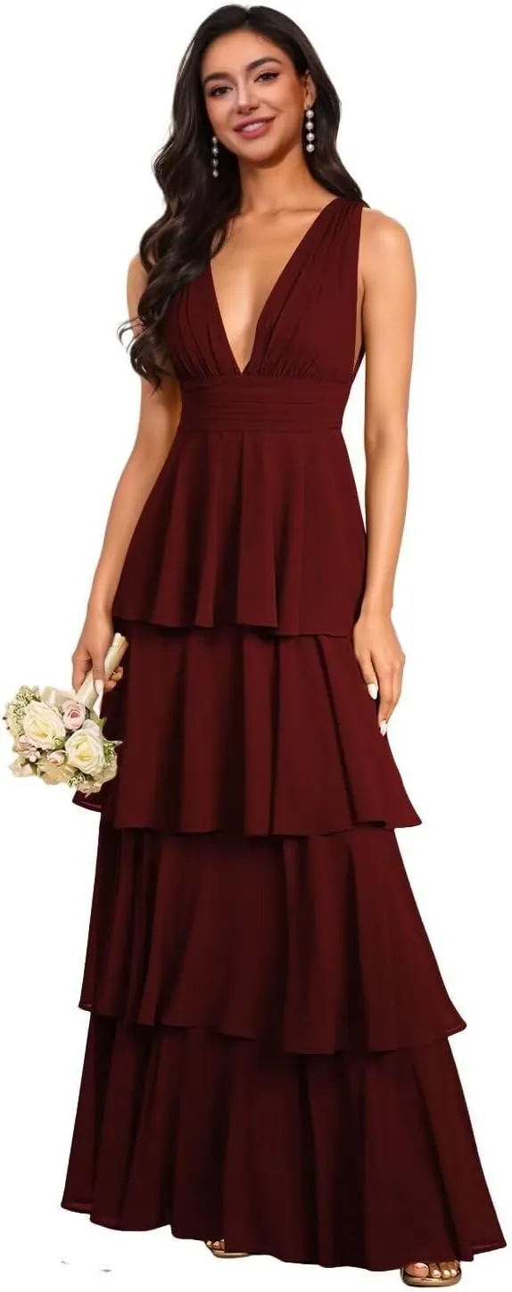 Tiered Bridesmaid Dresses 2025 Long for Women Chiffon Formal Evening Dresses with Ruffles Sleeveless