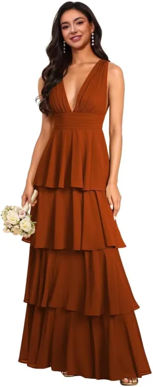 Tiered Bridesmaid Dresses 2025 Long for Women Chiffon Formal Evening Dresses with Ruffles Sleeveless