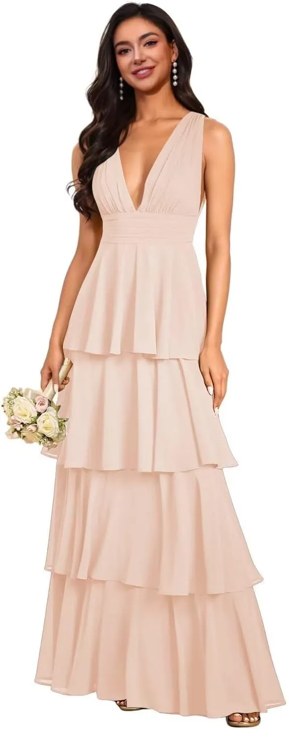 Tiered Bridesmaid Dresses 2025 Long for Women Chiffon Formal Evening Dresses with Ruffles Sleeveless