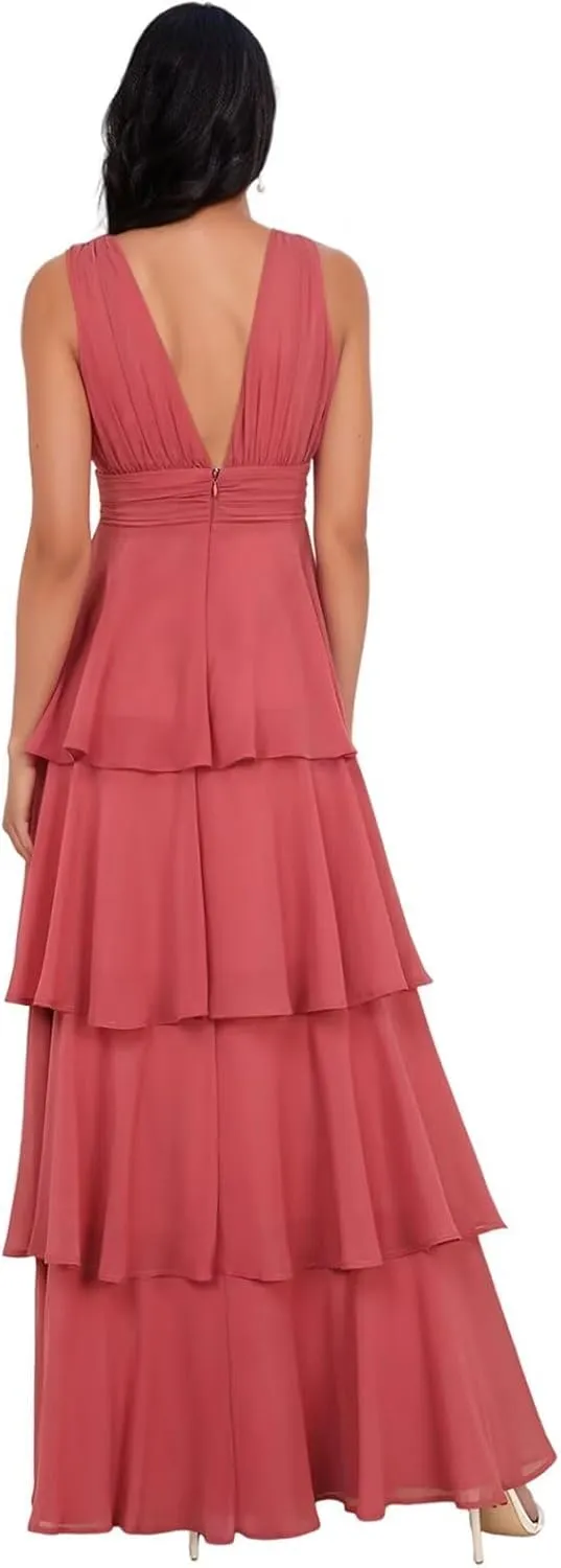 Tiered Bridesmaid Dresses 2025 Long for Women Chiffon Formal Evening Dresses with Ruffles Sleeveless