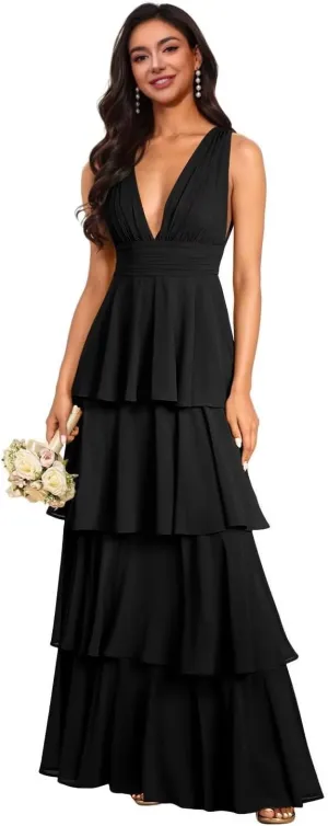 Tiered Bridesmaid Dresses 2025 Long for Women Chiffon Formal Evening Dresses with Ruffles Sleeveless