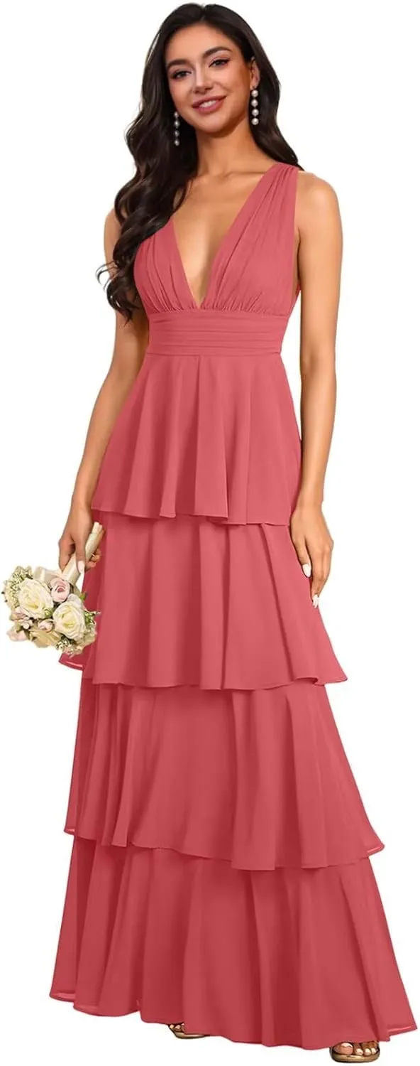 Tiered Bridesmaid Dresses 2025 Long for Women Chiffon Formal Evening Dresses with Ruffles Sleeveless