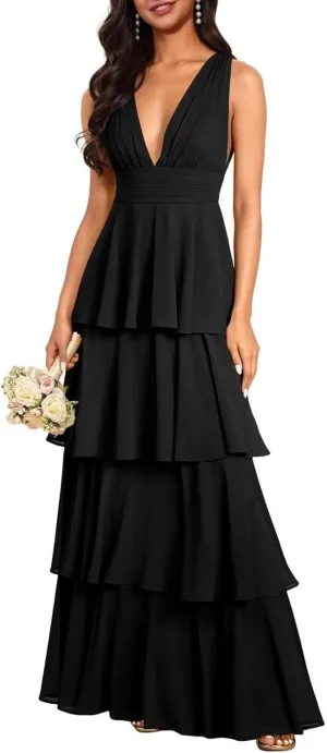 Tiered Ruffles Bridesmaid Dresses for Women 2025 Long Chiffon A Line Formal Evening Gowns Prom Dresses with Ruffles