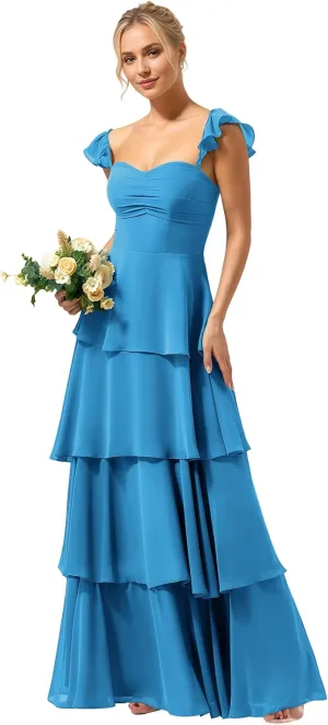 Tiered Ruffles Spaghetti Straps Bridesmaid Dresses 2025 for Women Chiffon Formal Evening Dresses NO146
