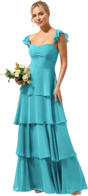 Tiered Ruffles Spaghetti Straps Bridesmaid Dresses 2025 for Women Chiffon Formal Evening Dresses NO146